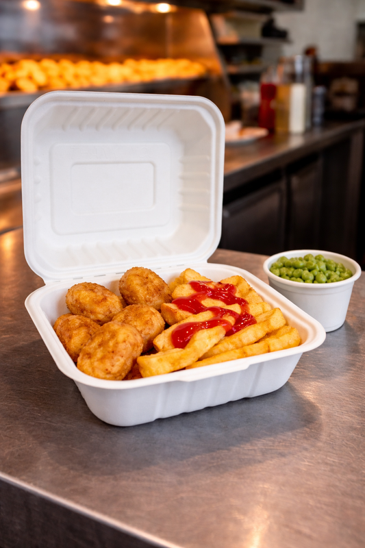 Medium Bagasse Clamshell – Ideal for Kids Meals & Loaded Fries (From 8.7p each)