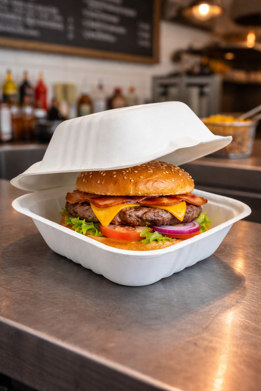 Small Bagasse Clamshell – Ideal for Burgers & Light Meals (From 6.8p each)